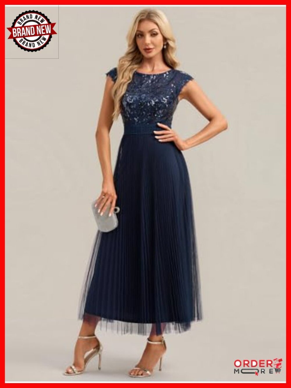Sequin Round Neck Cap Sleeve Midi A-Line Formal Wedding Guest Dress - Picture 2 of 4